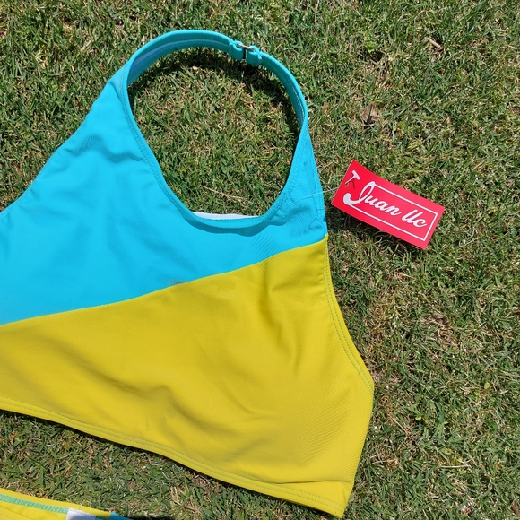 Juan Uc Womens Neon Bright Teal & Green Halter Two Piece Swimsuit Medium - Picture 2 of 5